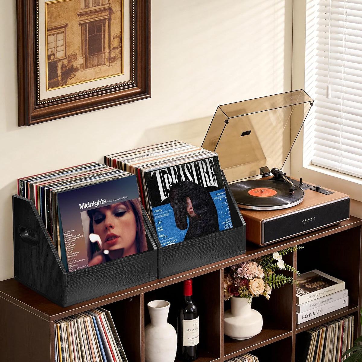 Vinyl Record Storage, Wooden Record Crate Box Case, Vinyl Album Storage Record Holder Holds up to 60+ Records, Desktop