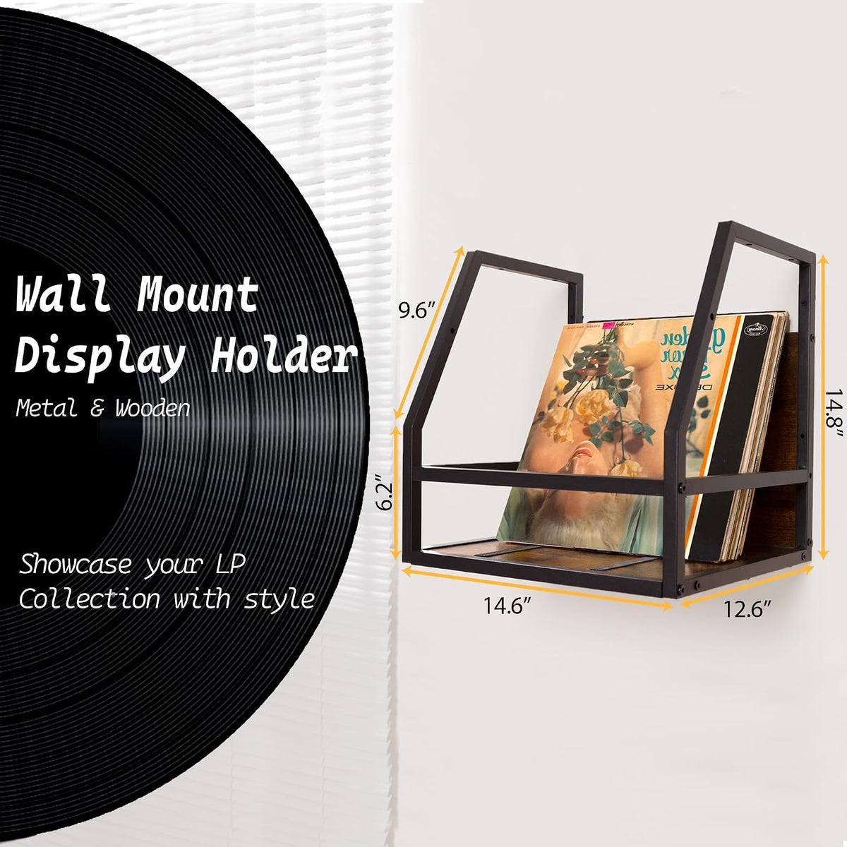 Y&M 2 In 1 Vinyl Record Storage Crate, 1PC Wood LP Holder, Wall Mount or Desktop Metal Album Organizer, Holds 80+