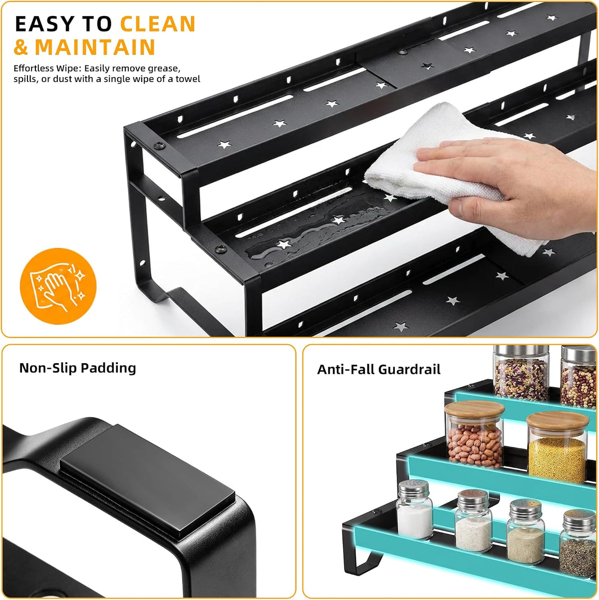 Spice Rack Organizer for Cabinet, 13-21.5" Expandable Spicy Shelf | 3-Tier Metal Seasoning Organizer, Kitchen Spice