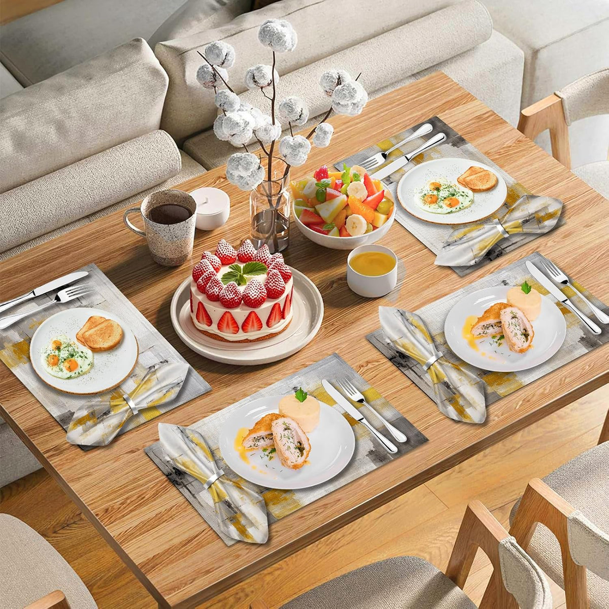 Mcalk 4 Each Yellow Placemats and Cloth Napkins Set of 8, Modern Art Placemat, Abstract Grey Cloth Napkin for Home