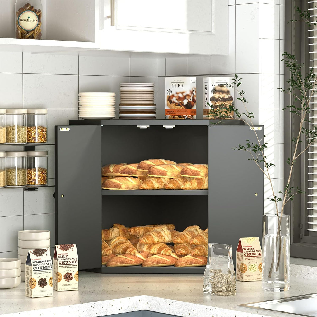Corner Bread Box for Kitchen Countertop,Storage Container for Homemade Bread, Double Layer BreadBox, Large Capacity