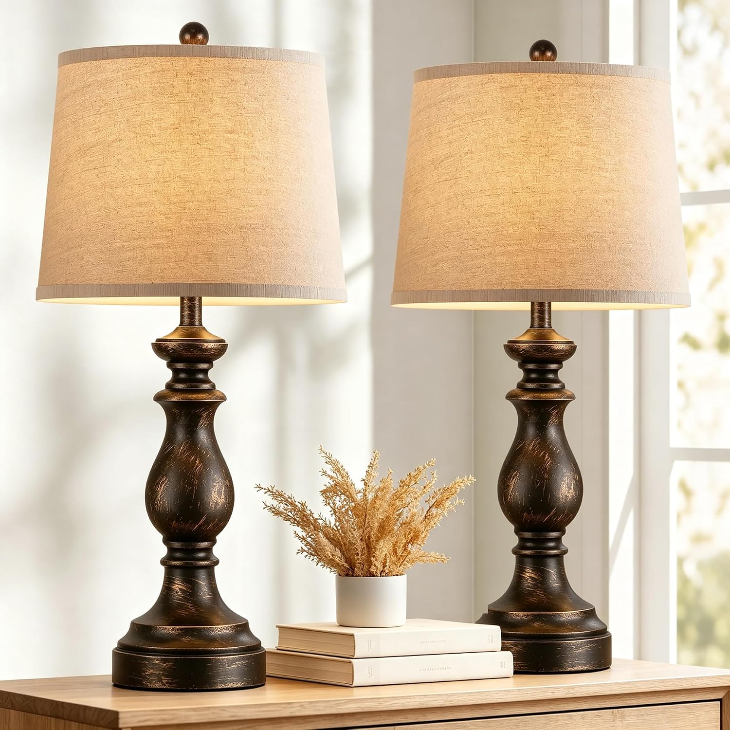 PARTPHONER Traditional Table Lamp Set of 2, Rustic Farmhouse Table Lamps for Living Room Bedroom, 27" Bedside Desk
