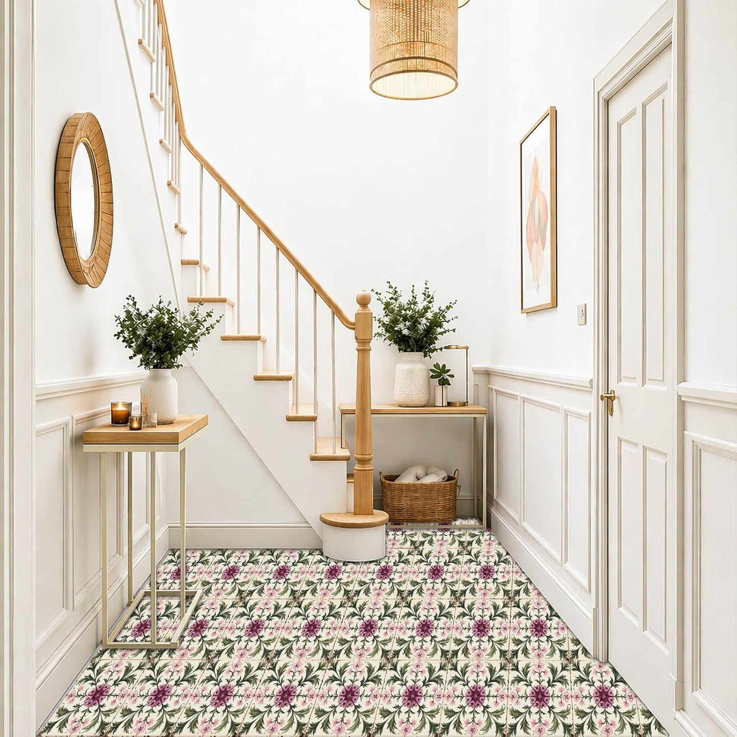 Vintage Peony Vine Pattern Peel and Stick Floor Tiles / 12 x 12 / Set of 10