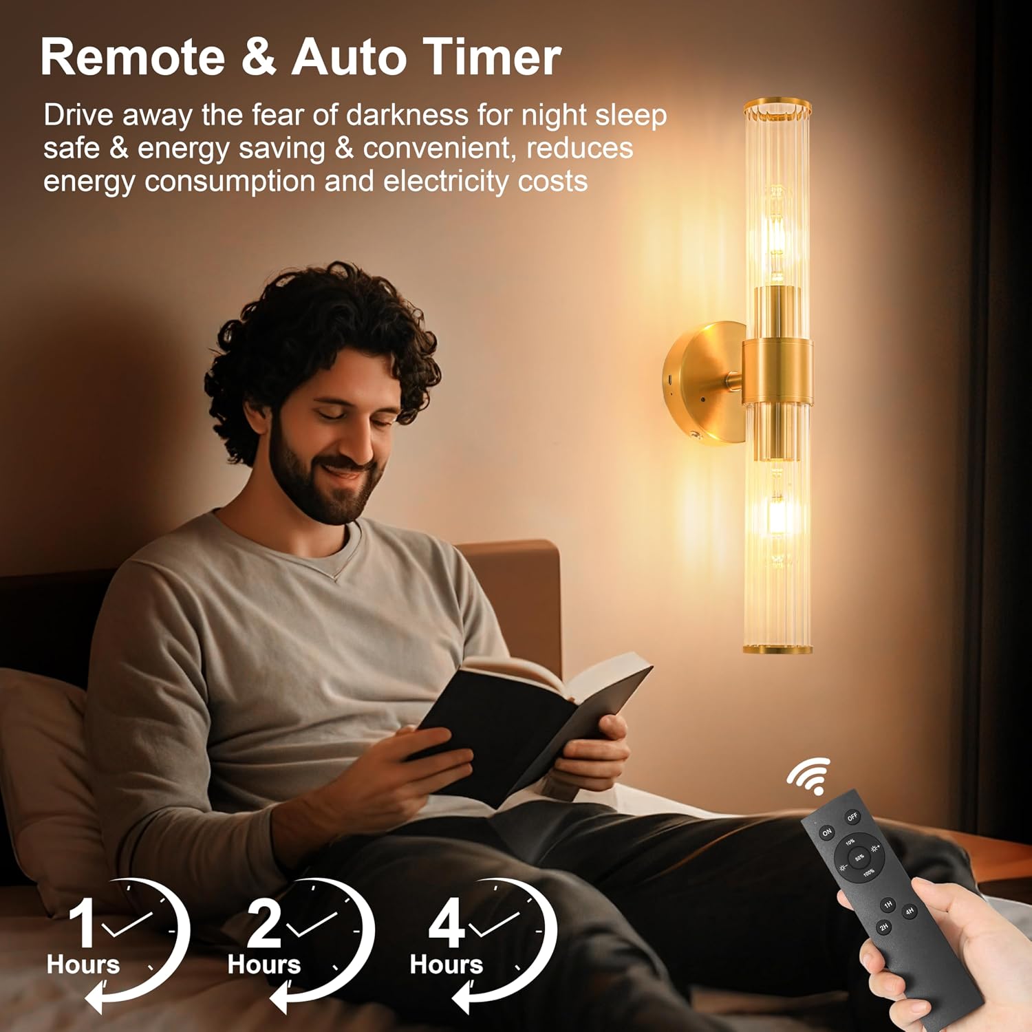 Gold Battery Operated Wall Sconces Set of Two, Dimmable Rechargeable Sconce | Wireless Wall Light with Remote Control