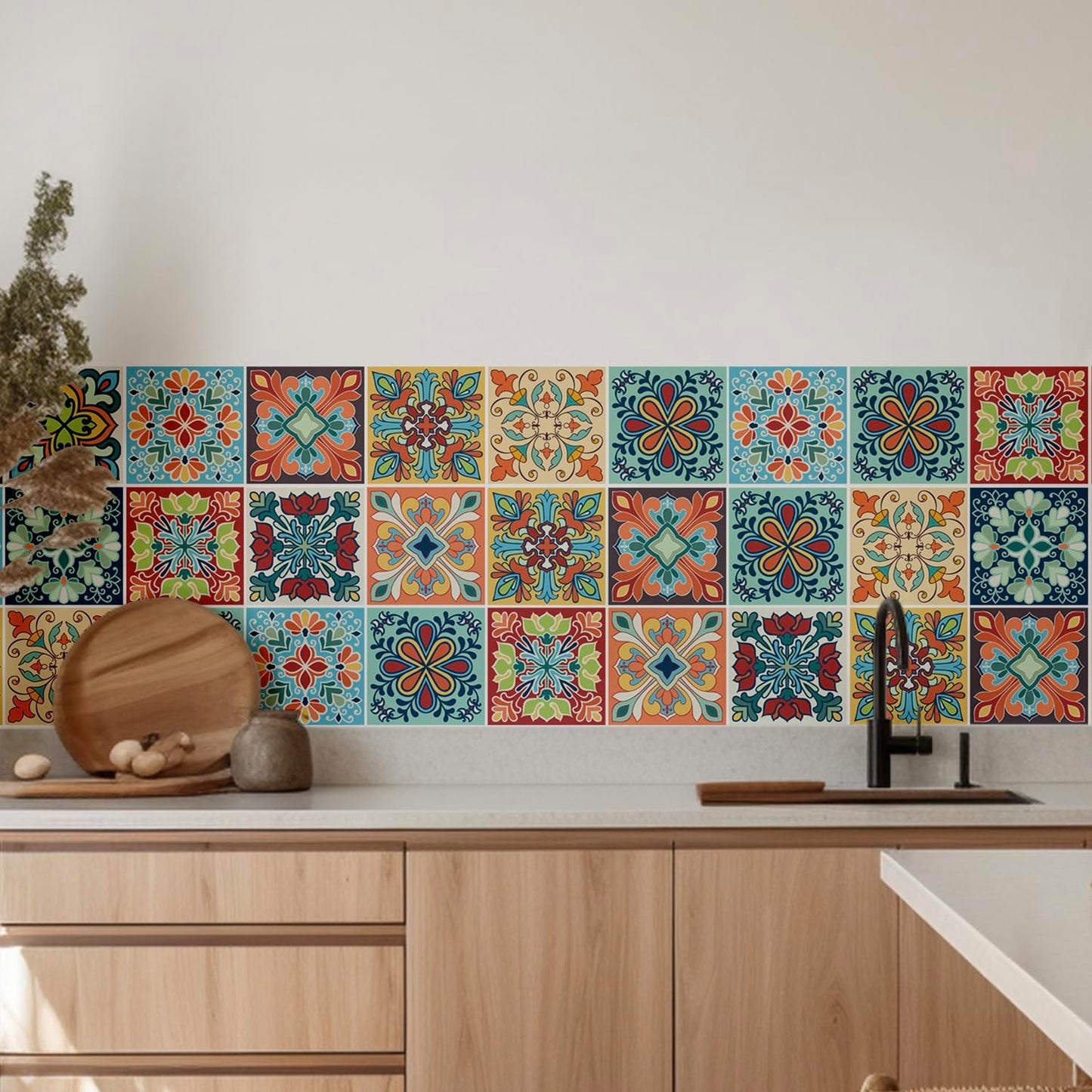 Colorful Bohemian Tile Stickers / 4 x 4 / Set of 30