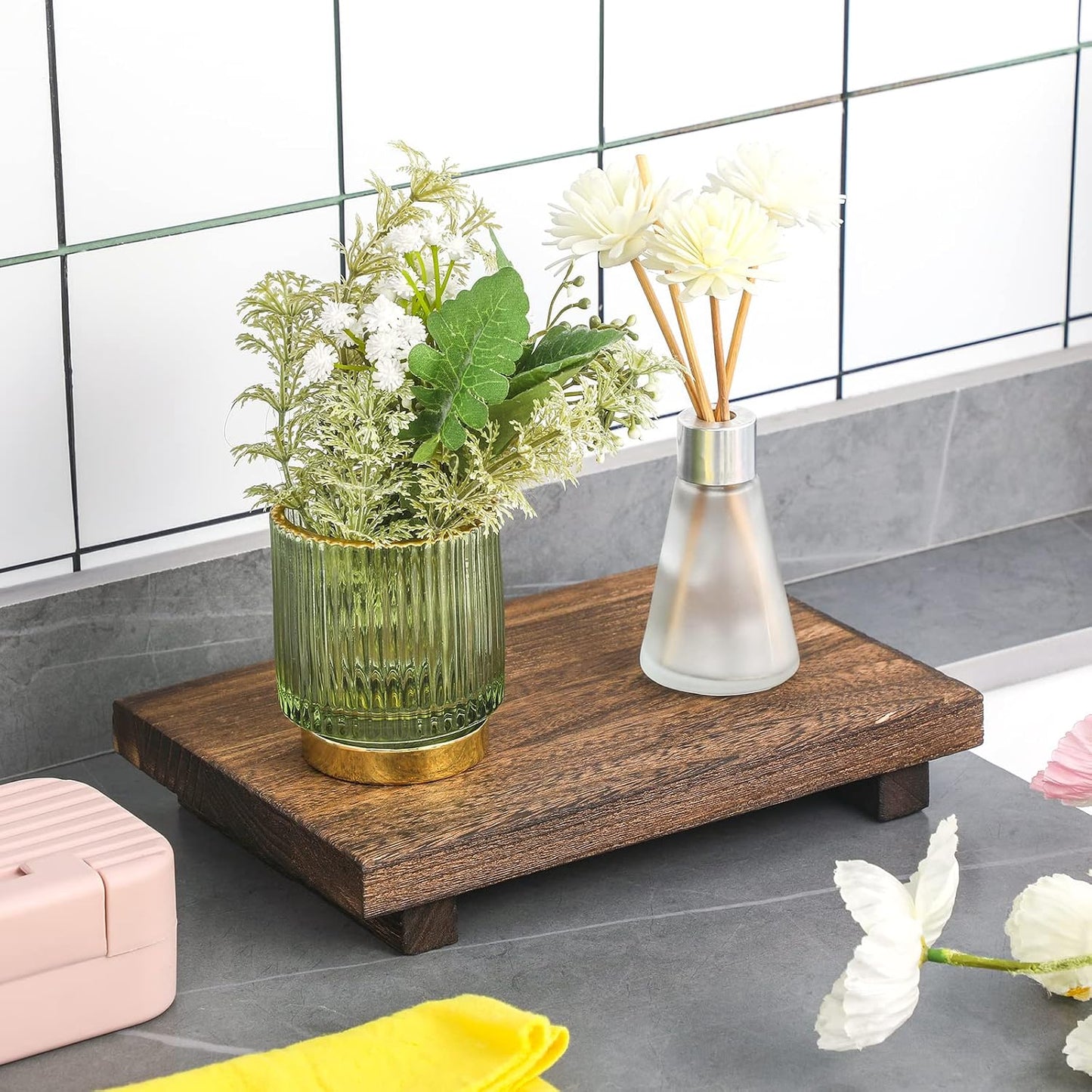 Nuogo Wood Pedestal Riser Stand for Kitchen Soap Tray,12 X 7 Inch,Brown | Rustic Wooden Soap Holder for Kitchen Sink
