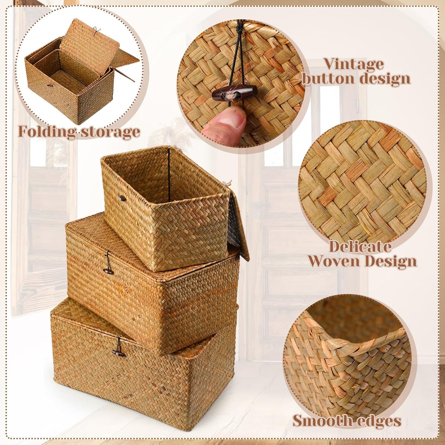 Seagrass Basket / Lids Bin Woven Organizer / Yellow Brown / Classic Style / Set of 6