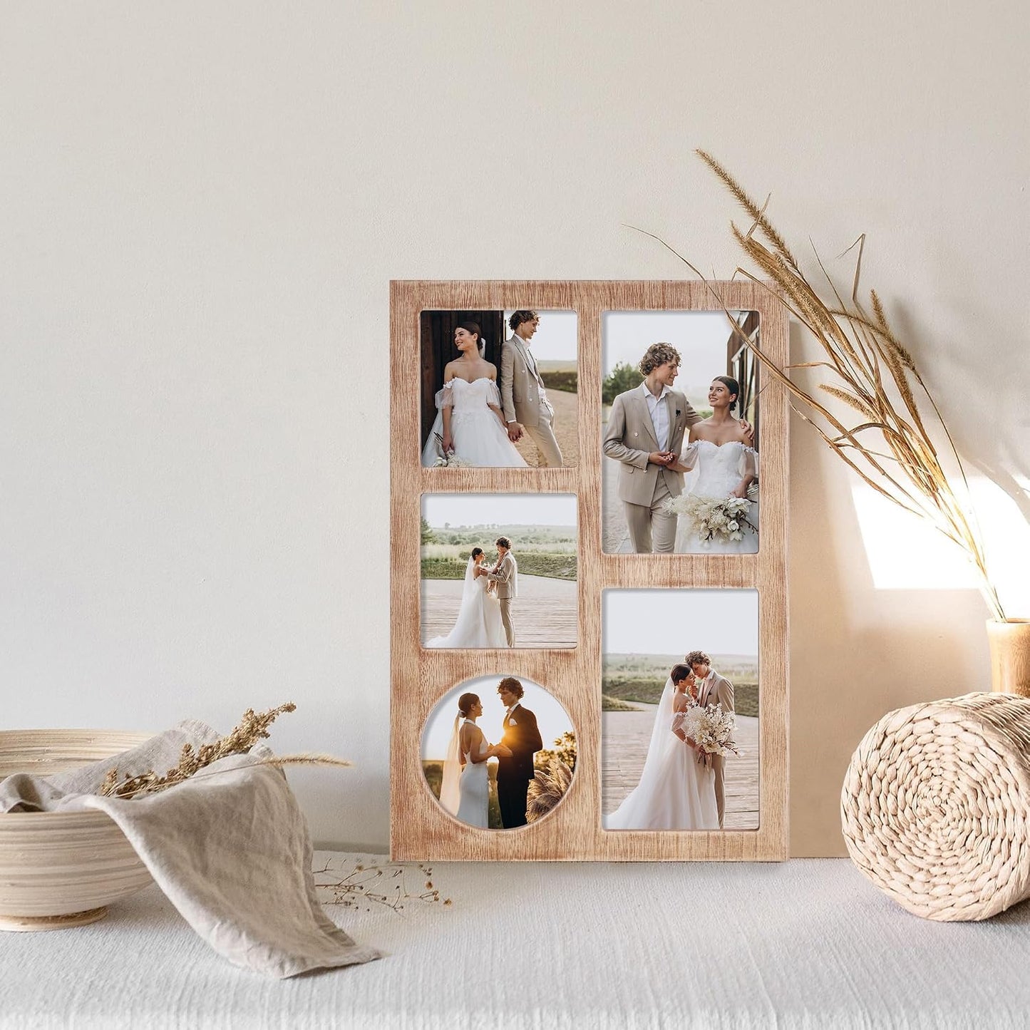 YESKAY 4x6 and 4x4 Collage Picture Frame, Display 5 Openings Photo Frames, Rustic Brown Wood Frame with Real Glass