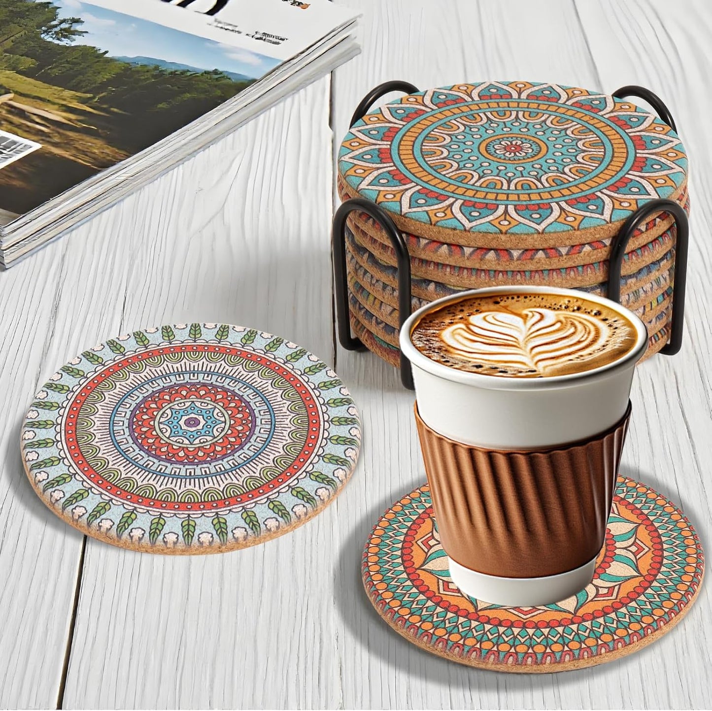 Holder / Round Boho Coasters for Drinks / Mandala Coasters5 / Set of 8