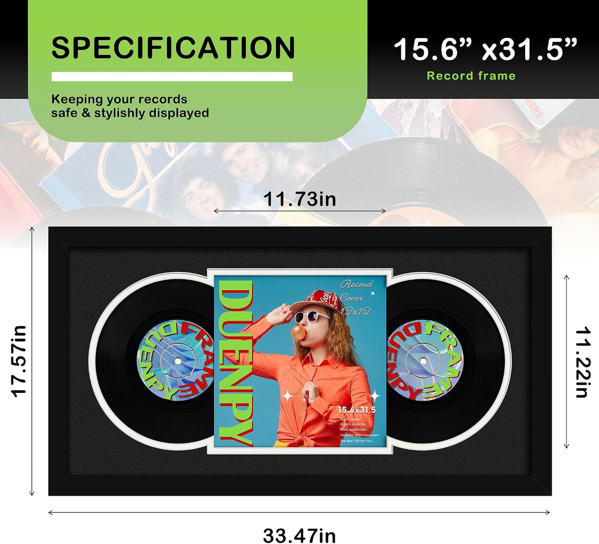 DUENPY 15.6x31.5 Vinyl Frame For 12.5x12.5 Cover Black White Mat | Displays 12.5x12.5 Album Cover Art, Supports Wall