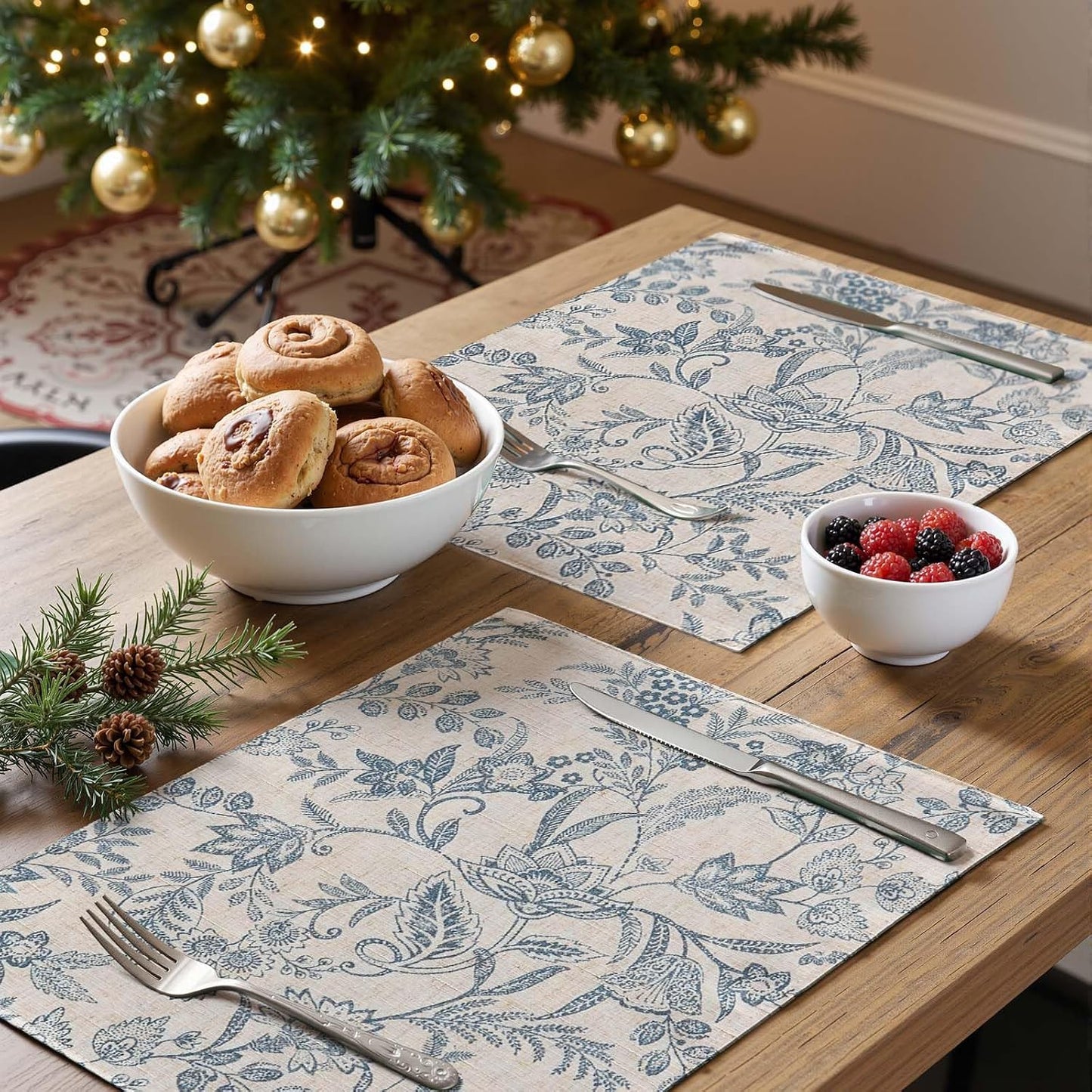JINCHAN Linen Floral Placemats Set of 4 Farmhouse 13x19 Inch Blue | Fabric Placemats, Cottage Style, Vintage Botanical