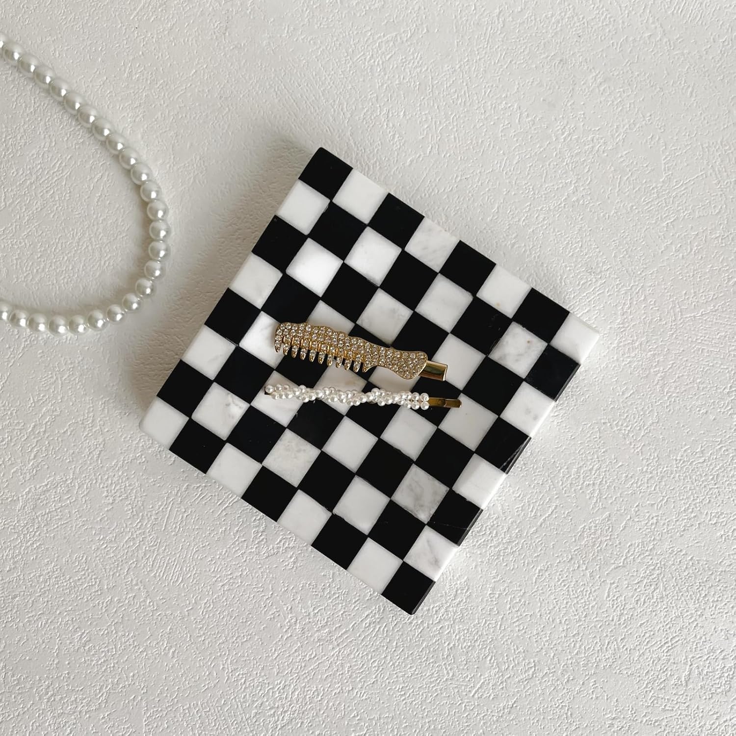 Marble Stone Checkerboard Square Small Splicing Mosaic Tray Jewelry Dish / Black and White