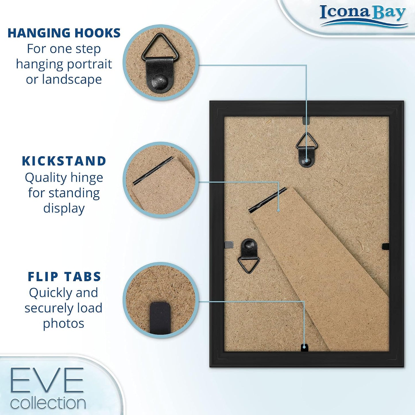 4x6 Picture Frames (Black, 3 Pack), Modern Double-Beveled Frame, Tabletop or Wall Mount, Eve Collection