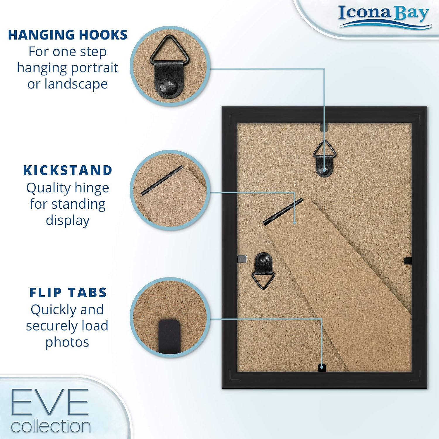 4x6 Picture Frames (Black, 3 Pack), Modern Double-Beveled Frame, Tabletop or Wall Mount, Eve Collection