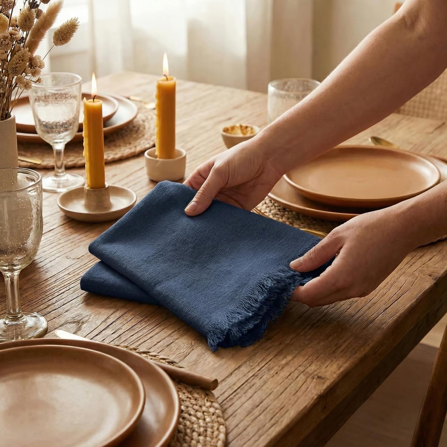 ACCENTHOME Navy Cotton Linen Napkin Set of 12 18x18 inch Dinner Napkins | Cotton Linen Blend Napkins, Machine Wash On