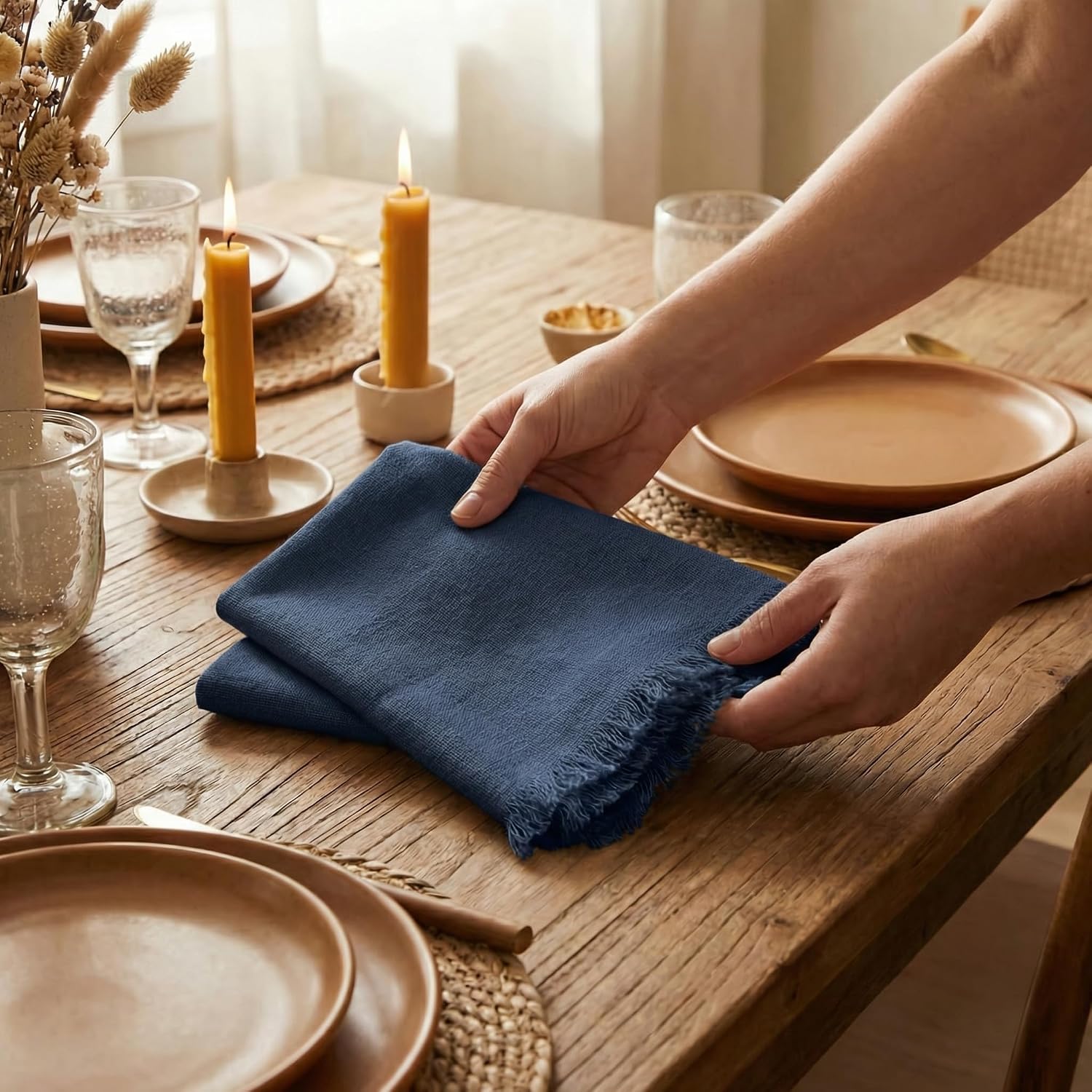 ACCENTHOME Navy Cotton Linen Napkin Set of 12 18x18 inch Dinner Napkins | Cotton Linen Blend Napkins, Machine Wash On