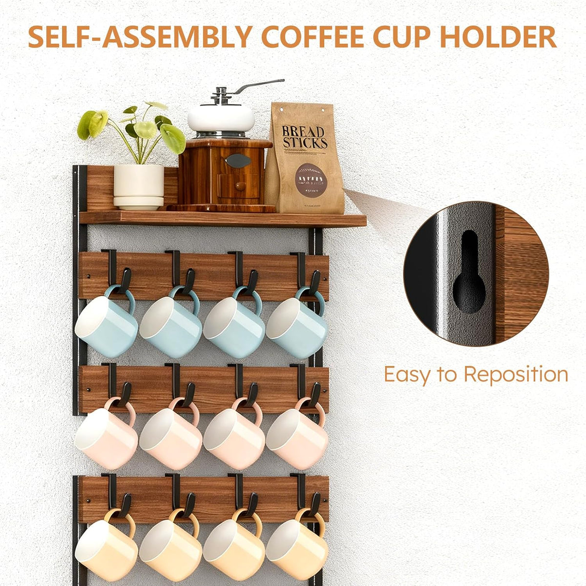 2-in-1 Coffee Cup Holder Wall Mounted with 16 Adjustable Hooks | 4-Tier Coffee Mug Holder Wall Mount with Display