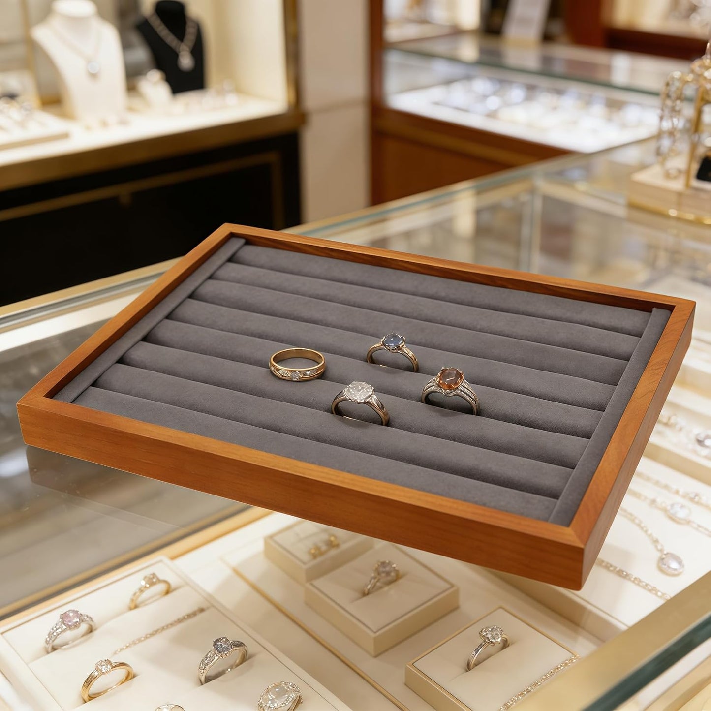 Solid Wood Ring Tray Display Stand Jewelry Drawer / Gray / Ring Tray-w 9.45" x H 1.18"x L 13.78