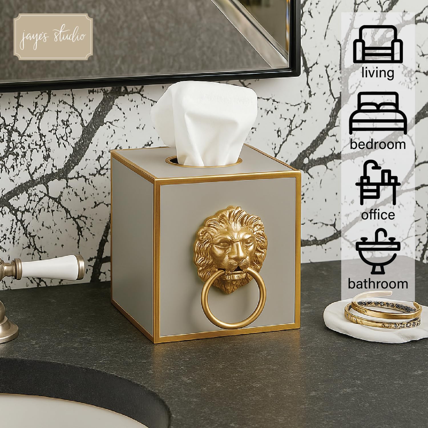 Cube Tissue Box Holder / Taupe Lion / Paws & Claws / Gold