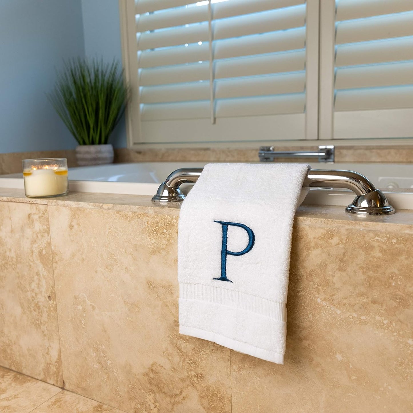 White with Navy Monogrammed Hand Towels for Bathroom - Set of 2 Letter P | Luxury Hotel Quality Initial Towels For