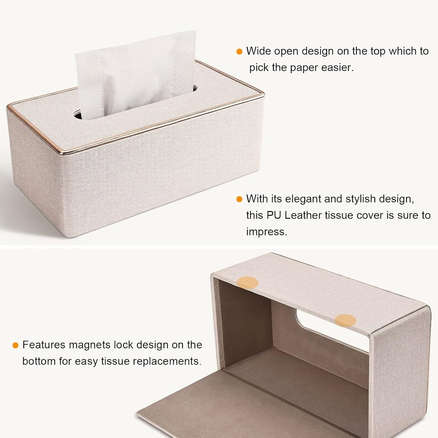 Tissue Box Cover / Beige / Gold Edge PU Leather