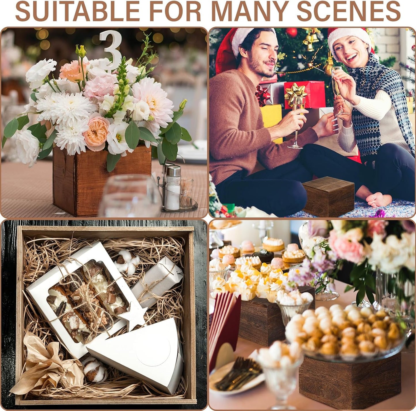 Wooden Risers Stands Cake Rustic Stackable Square Cupcake Stands Base for Buffet Table / Set of 3