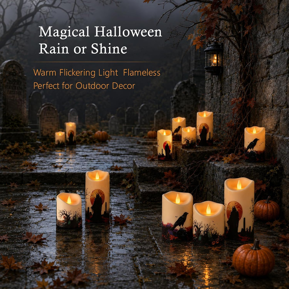 Halloween Flameless Candles Set of 6, Indoor Outdoor LED Pillars | 3"D X 4" 5" 6" H, Climbing flame, waterproof, 2x