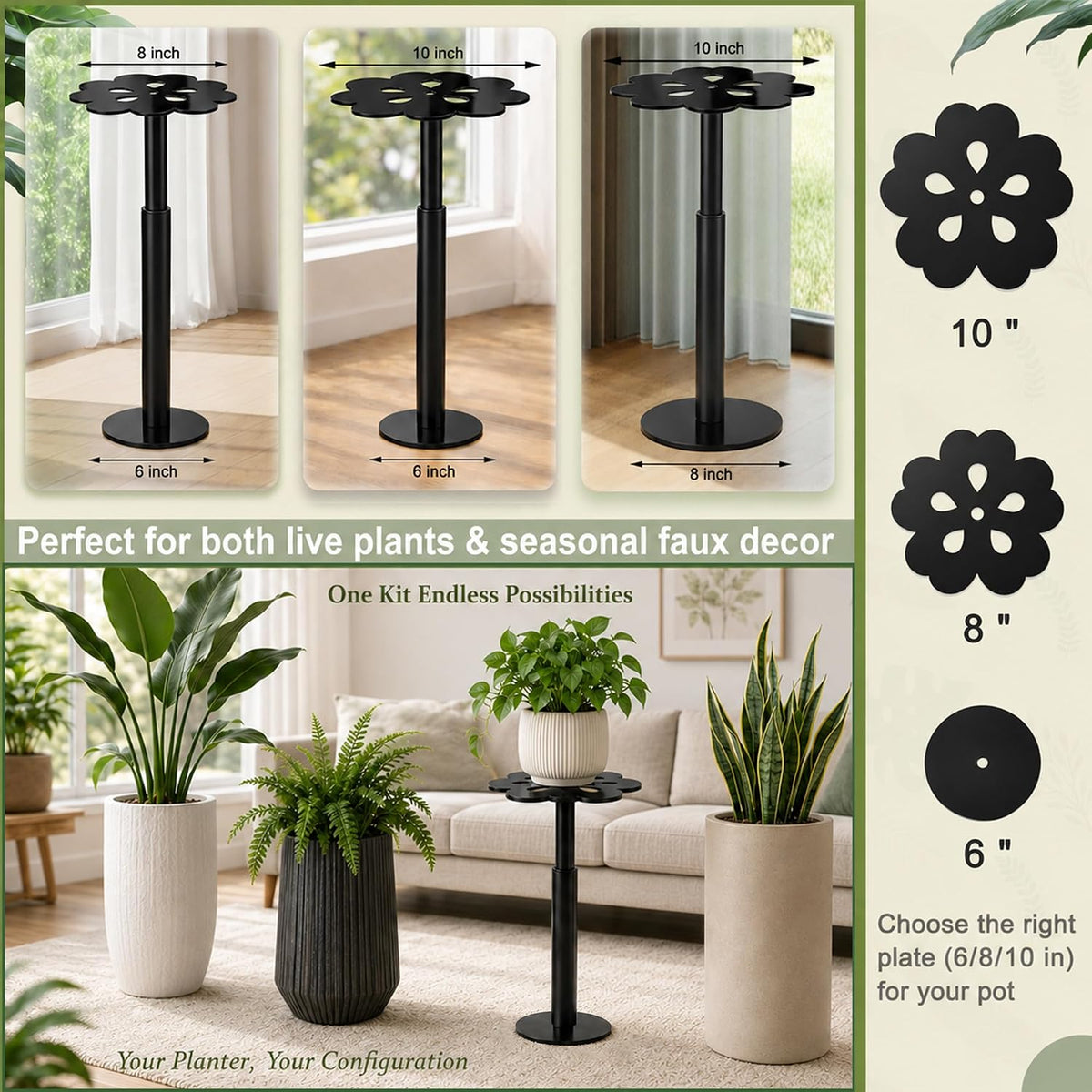Adjustable Plant Risers for Inside Pots, 10-17 Inch Lift Height | Flower Planter Insert for Tall Pots, 2 Stands, 2 x 8"