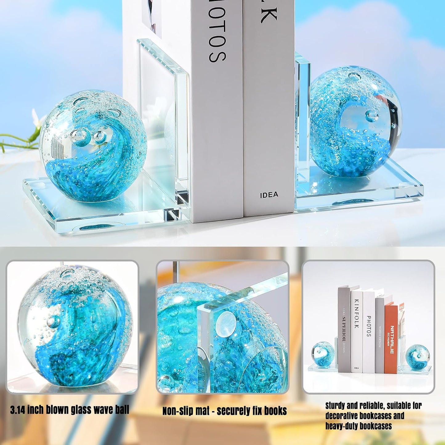 Glass Bookends / Book Ends / Light Blue+green