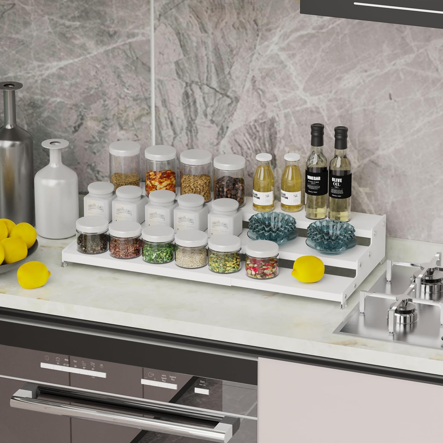 Expandable Spice Rack Storage organizer with 3-Tier step shelf cabinet,seasoning racks organizion.Great for Kitchen