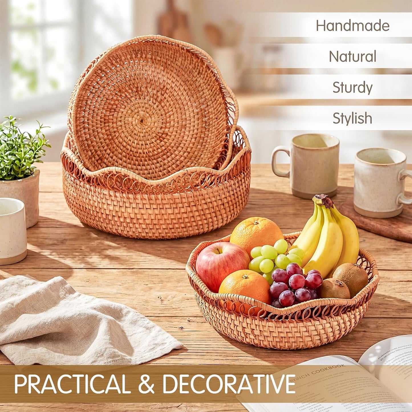 Rattan Bread Basket for Serving Wicker Bread Basket Woven Round Fruit Serving / Natural / Set of 3