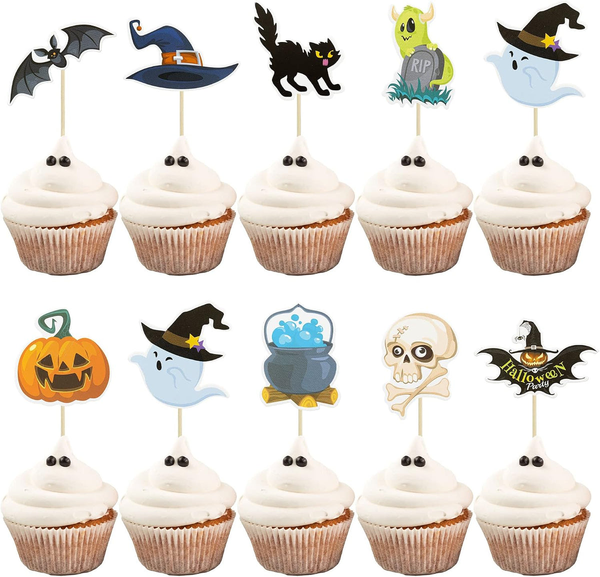 Gyufise 36Pcs Halloween Cupcake Toppers Halloween Pumpkin Cat Bat Ghost Cake Decorations for Theme Babyshower Kids Birthday Party Supplies
