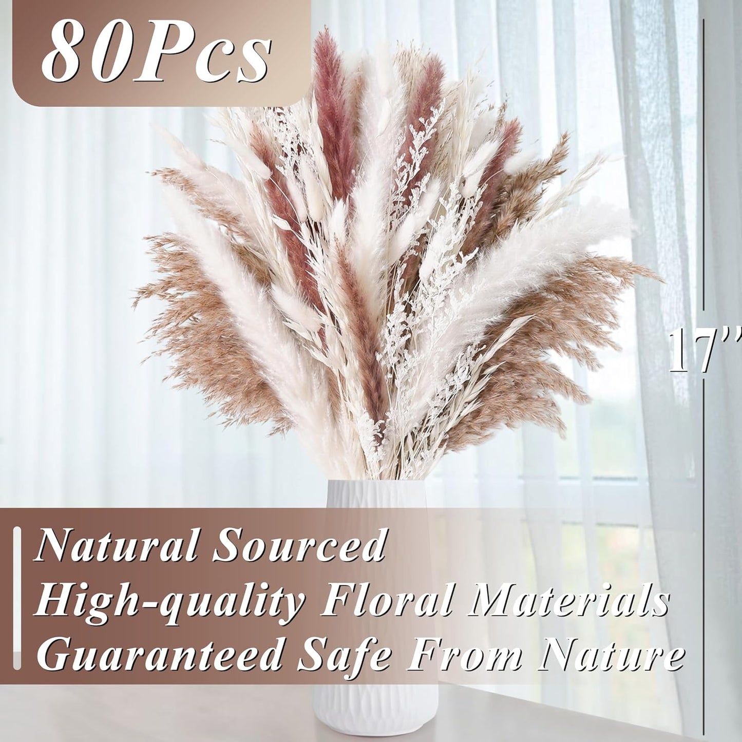 17" Natural Dried Flowers Pampas Grass Bouquet / White / Set of 85