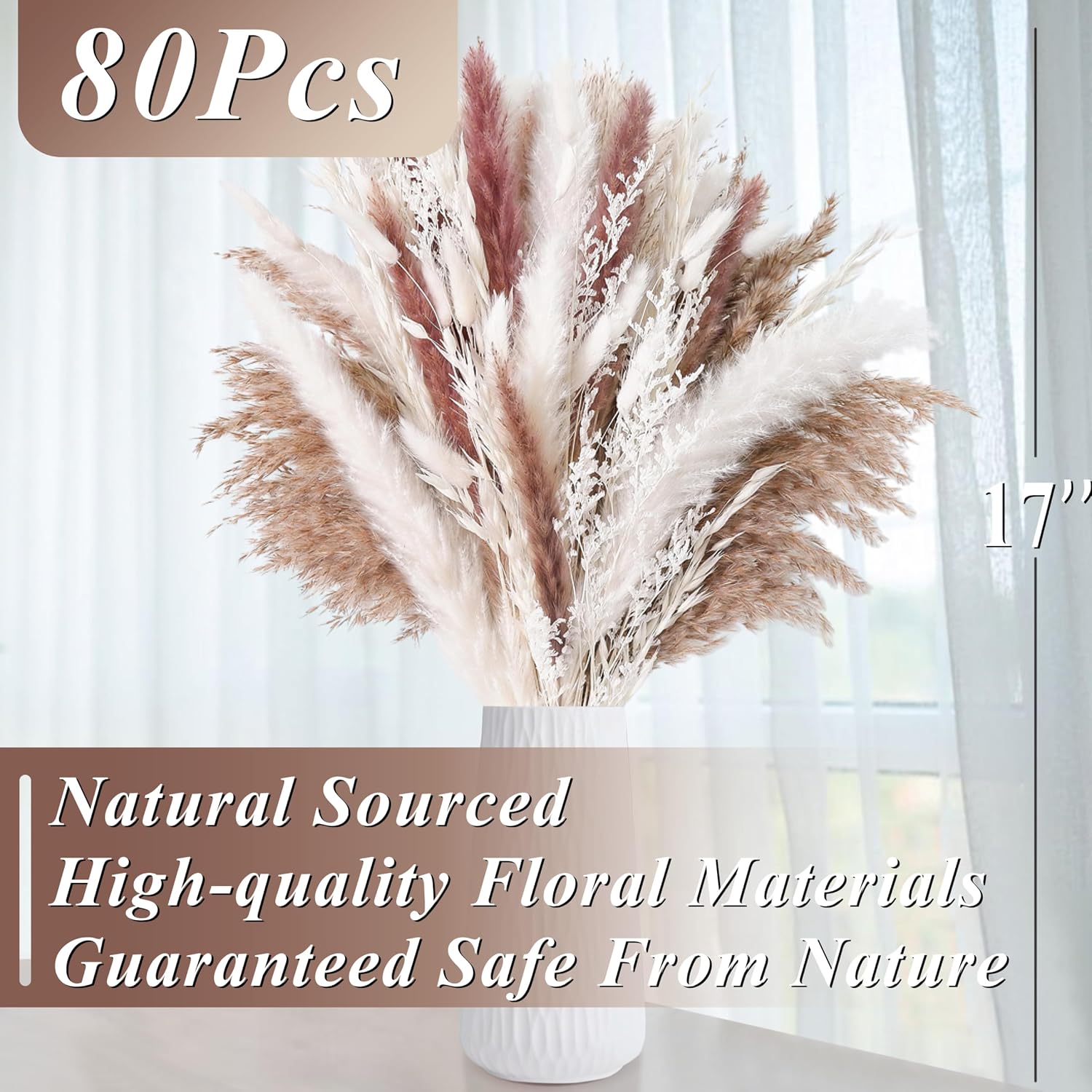 17" Natural Dried Flowers Pampas Grass Bouquet / White / Set of 85