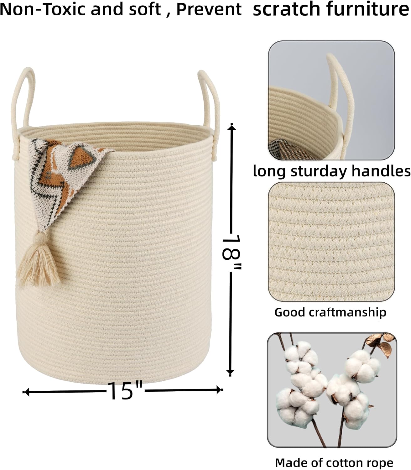 Cotton Rope Laundry Basket Hamper for Clothes Woven Storage Basket / Beige / Regular