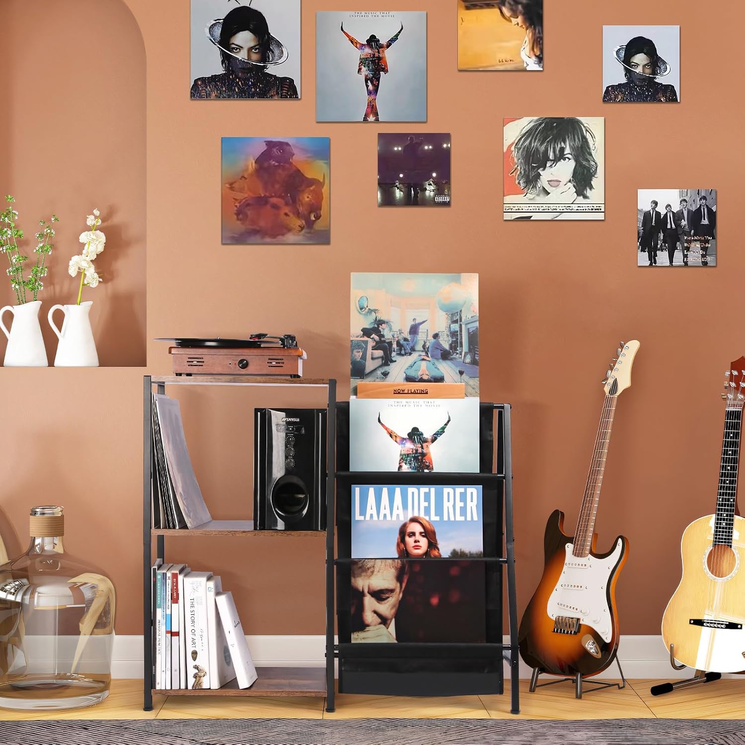 HYCFYJR Record Player Stand, Vinyl Record Storage with Now Playing Holder | 3 Tier Turntable Stand with Album Storage