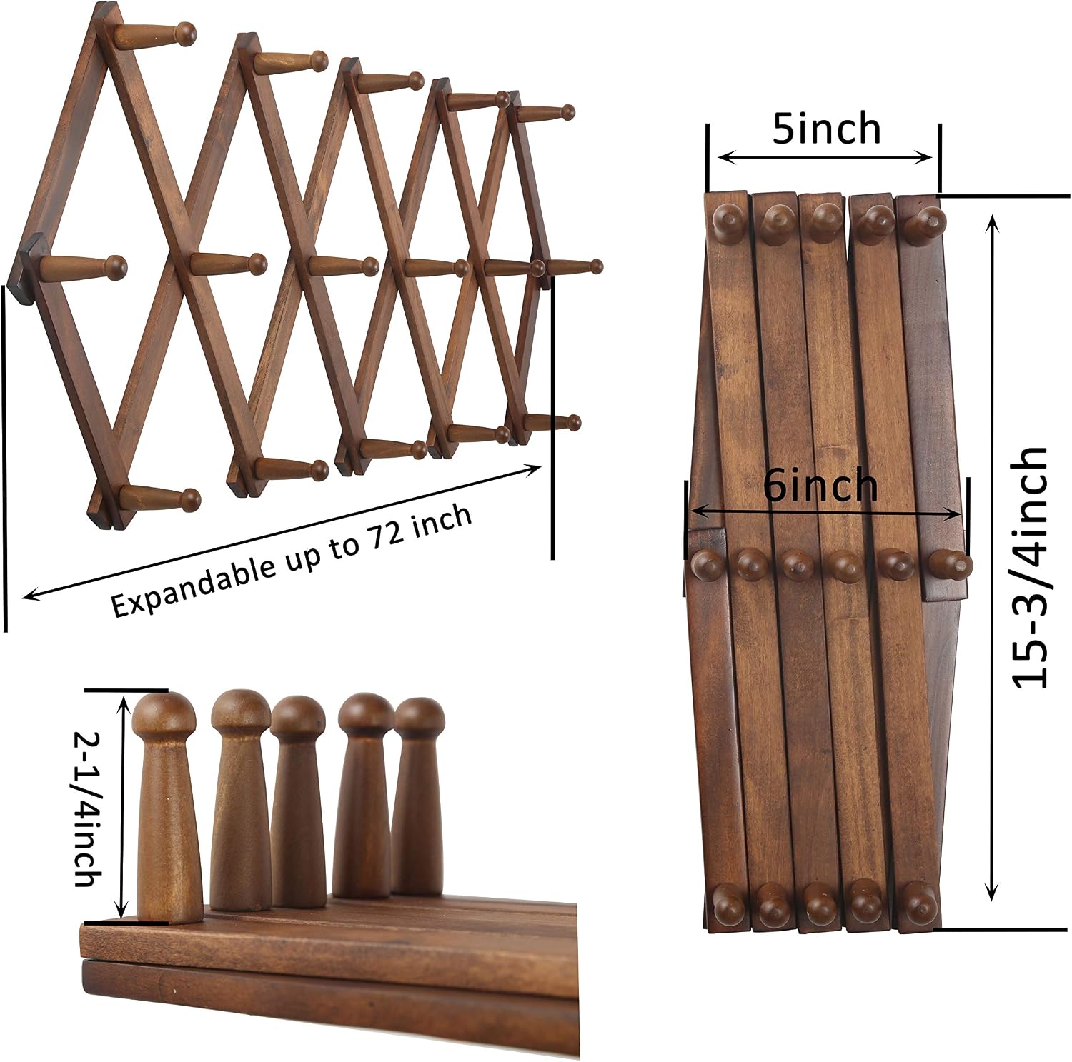 WEBI Accordion Wall Hanger, Wooden Coat Rack Wall Mounted, Hat & Cap Hook Rack, 16 Peg Hooks, Walnut Color