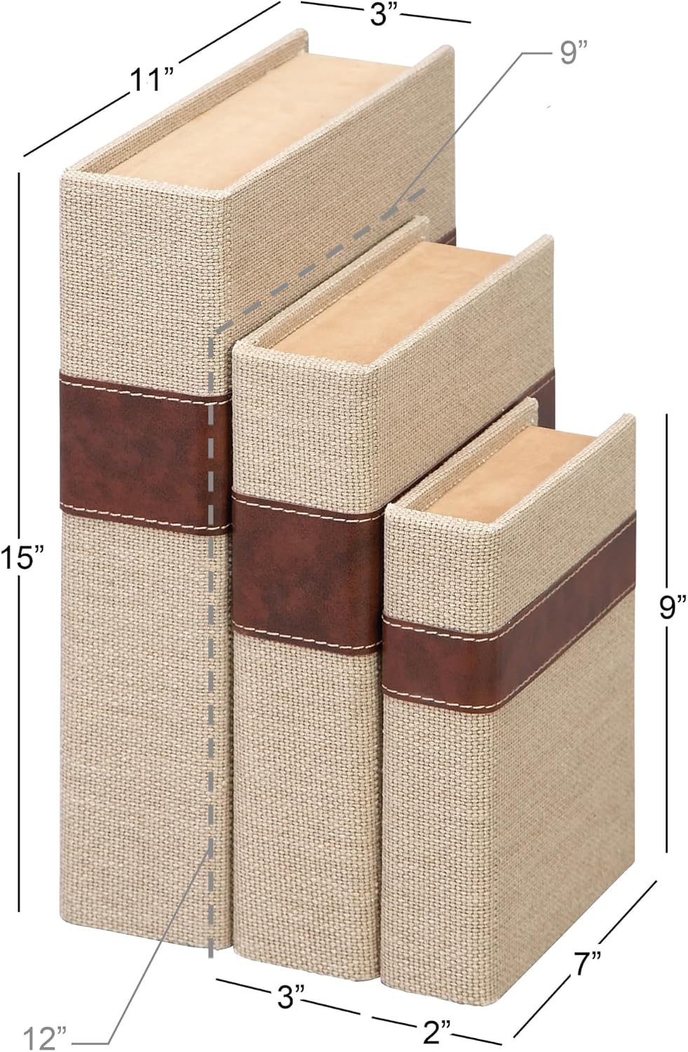 Linen Fabric Decorative Box Faux Storage Book Book Shaped Boxes / Brown / 15", 12", 9"H / Set of 3