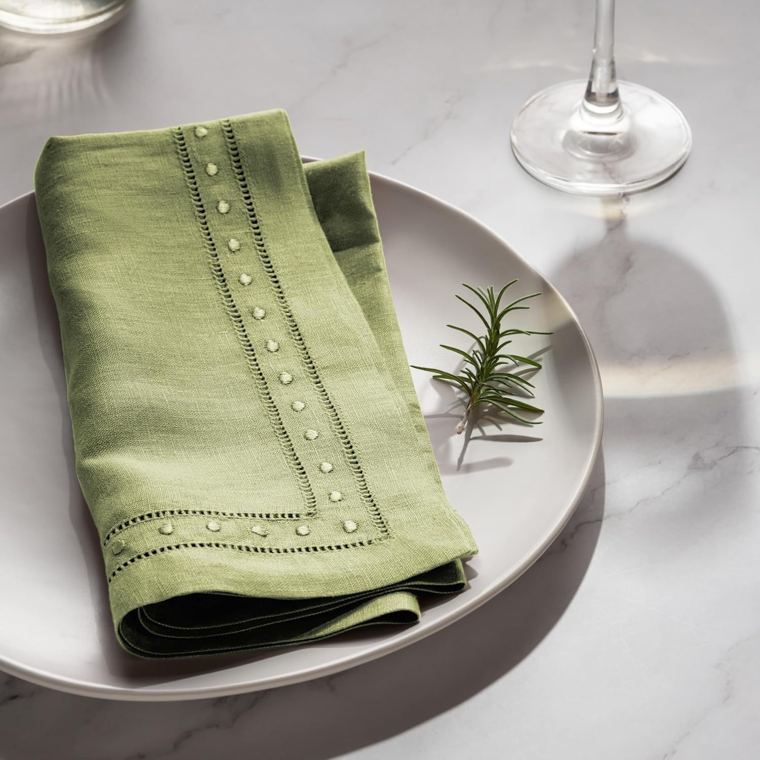 Linen Napkins 18 x 18 inch - 100% Flax Linen Olive Green Dinner Napkins with Embroidered Dot 18 x 18 inch - Hemstitch