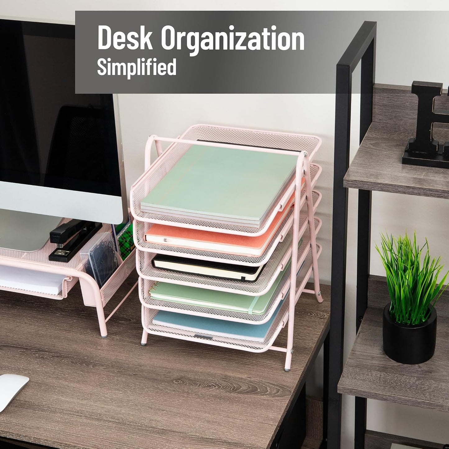 Mind Reader 5-Tier Paper Tray Organizer, Vertical Desktop File Storage Rack, Office, Metal Mesh, Pink
