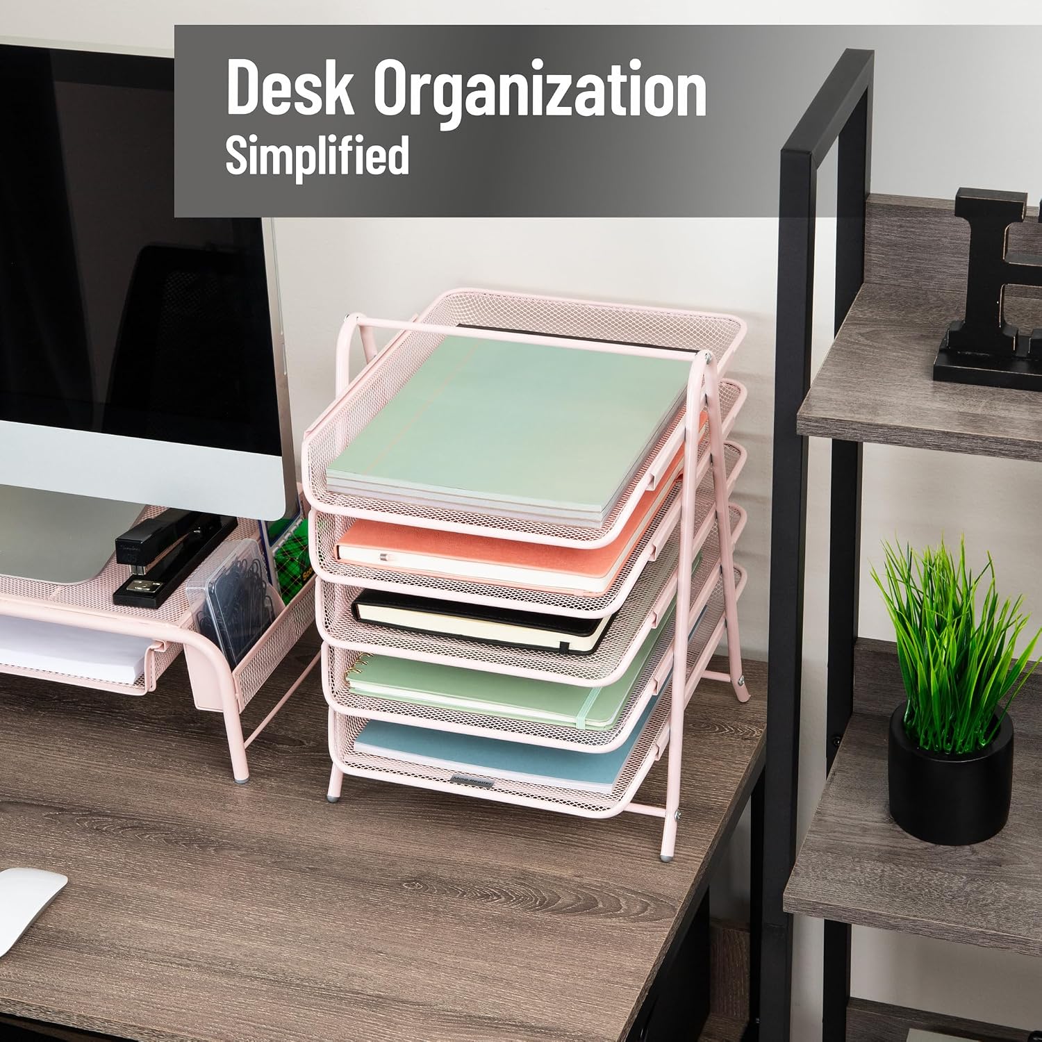 Mind Reader 5-Tier Paper Tray Organizer, Vertical Desktop File Storage Rack, Office, Metal Mesh, Pink