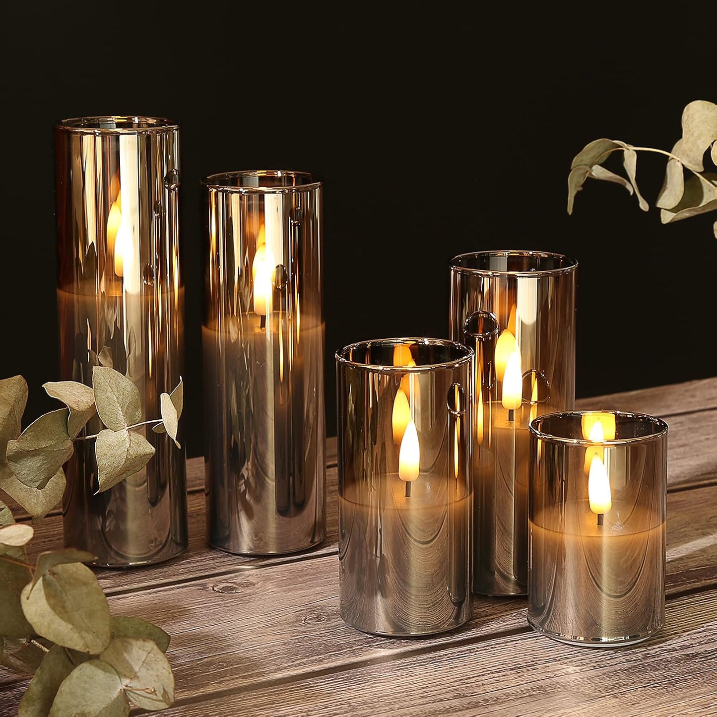 Grey Glass Flameless Pillar Candles with Remote Batteries Set of 5 | Flickering Tall LED Candles, Batteries Included