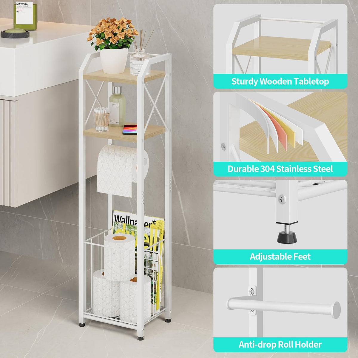 HapiRm Freestanding Toilet Paper Holder - 4-Tier Bathroom Tissue Organizer with Wood Shelves and Large Basket, Toilet