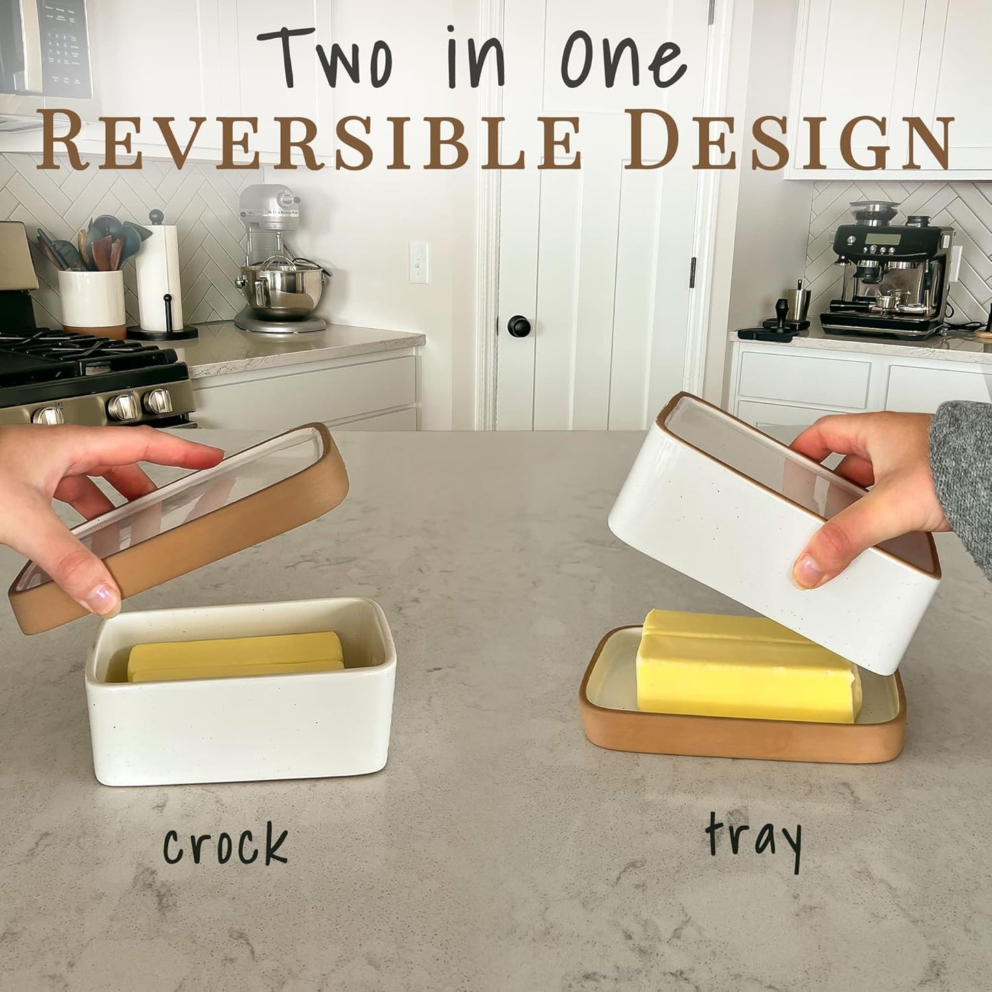 Covered Butter Crock Container to Leave on Countertop / Vanilla White