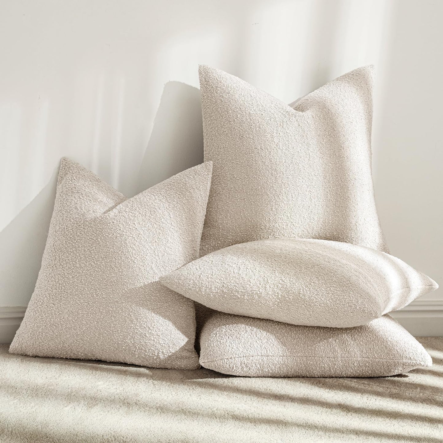 Decorative Textured Boucle Throw Pillow Covers Accent Solid Pillow / 18 x 18 / Beige / Set of 4