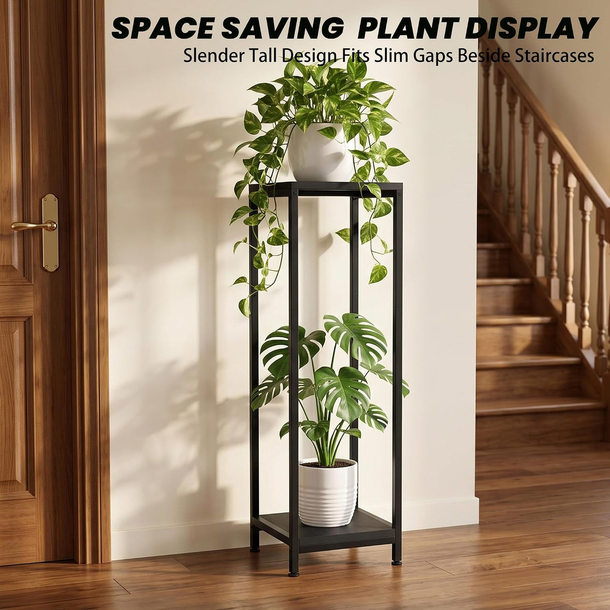 TOSKING 2-Tier Wide & Tall Plant Stand Indoor, Modern Metal Shelf, Black | 12"Lx12"Wx41"H, Heavy-Duty Design, Corner