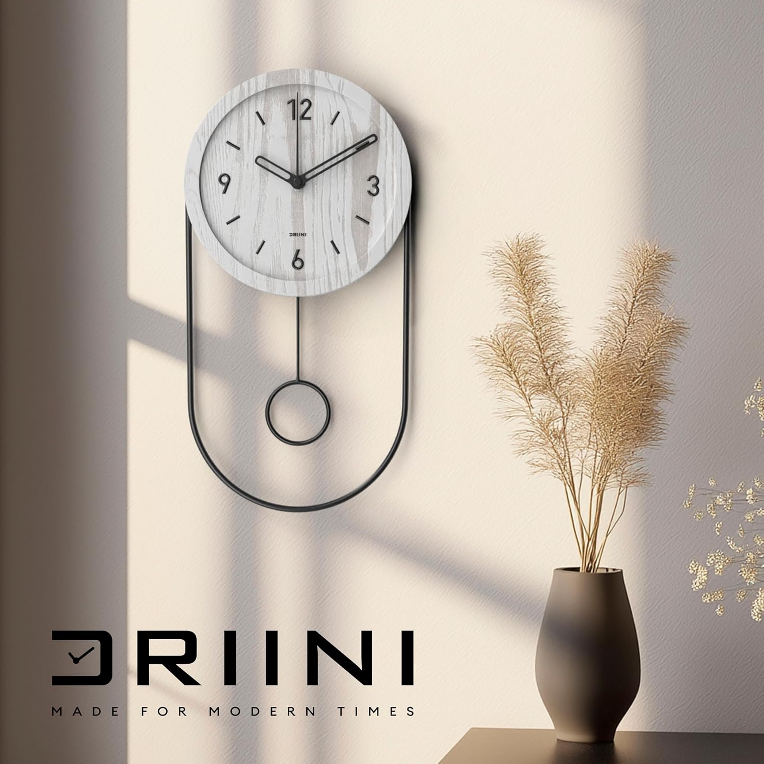 Driini Decorative Wall Clock with Pendulum (White) – Modern Wood, 3D Gold Numbers, Metal Frame – Small, Unique Wall