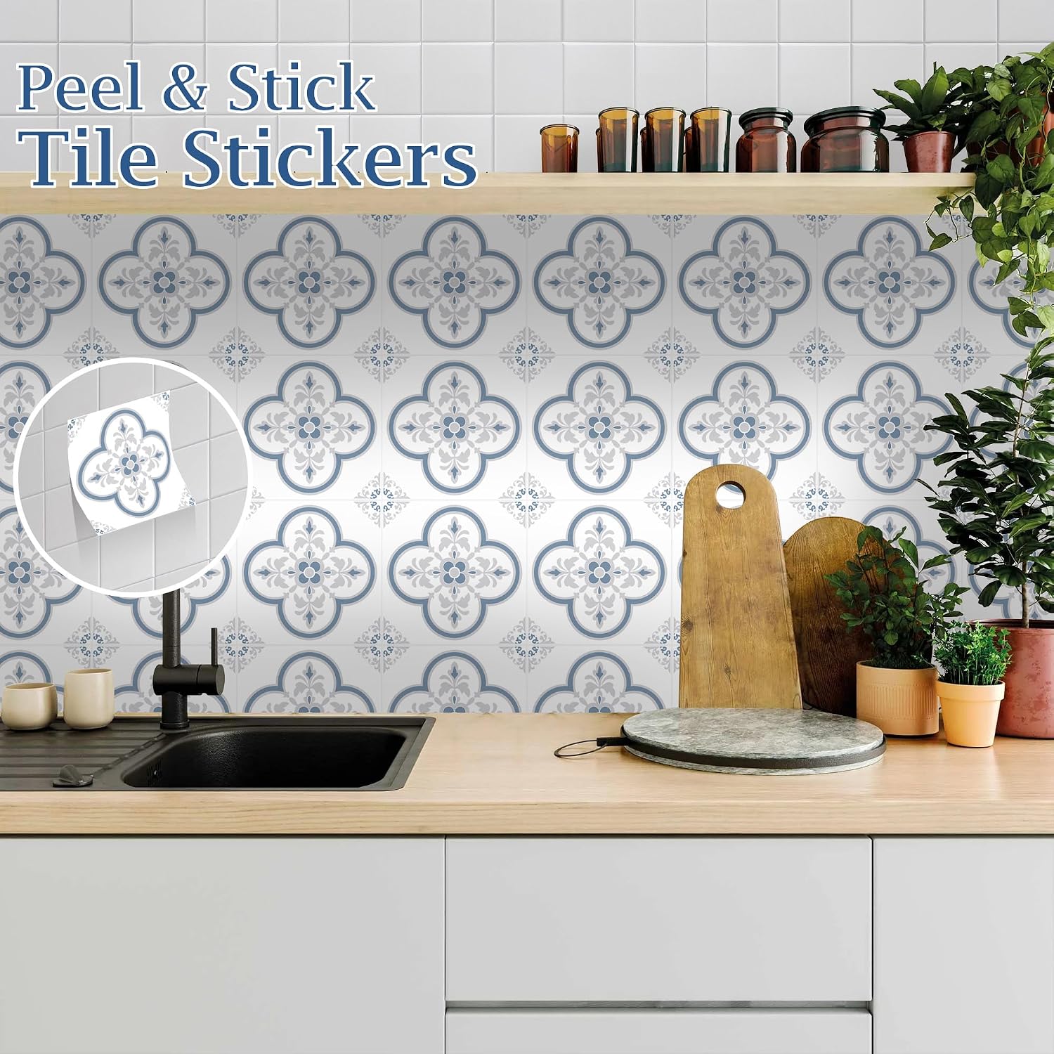 Peel & Stick Tile Stickers Self Adhesive Backsplash Decorative Wall / Gray Flower / Set of 12