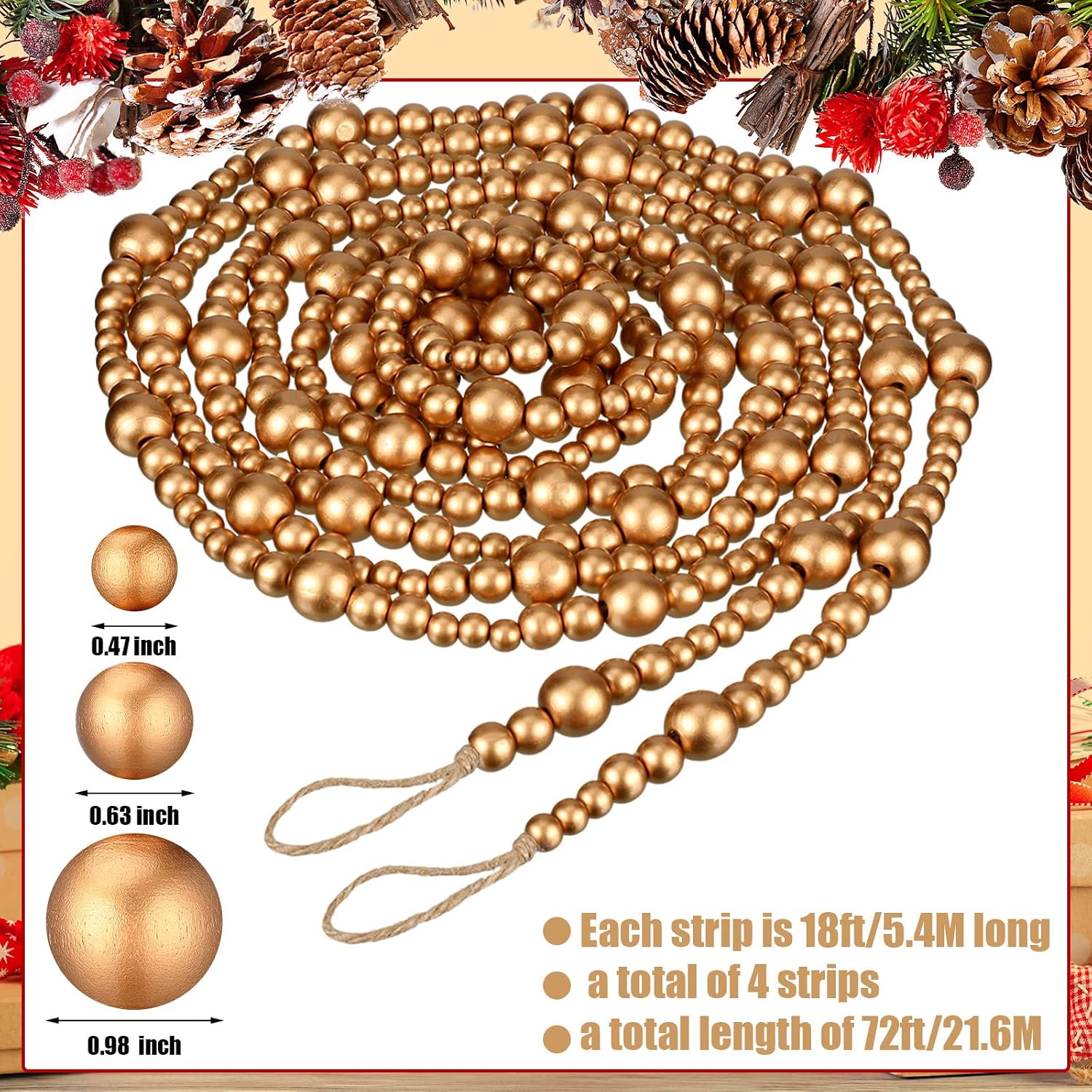 4 Pcs 72 ft Christmas Tree Wood Bead Garland Christmas Wooden Beads Garland Hanging Boho Xmas Decor Rustic Farmhouse