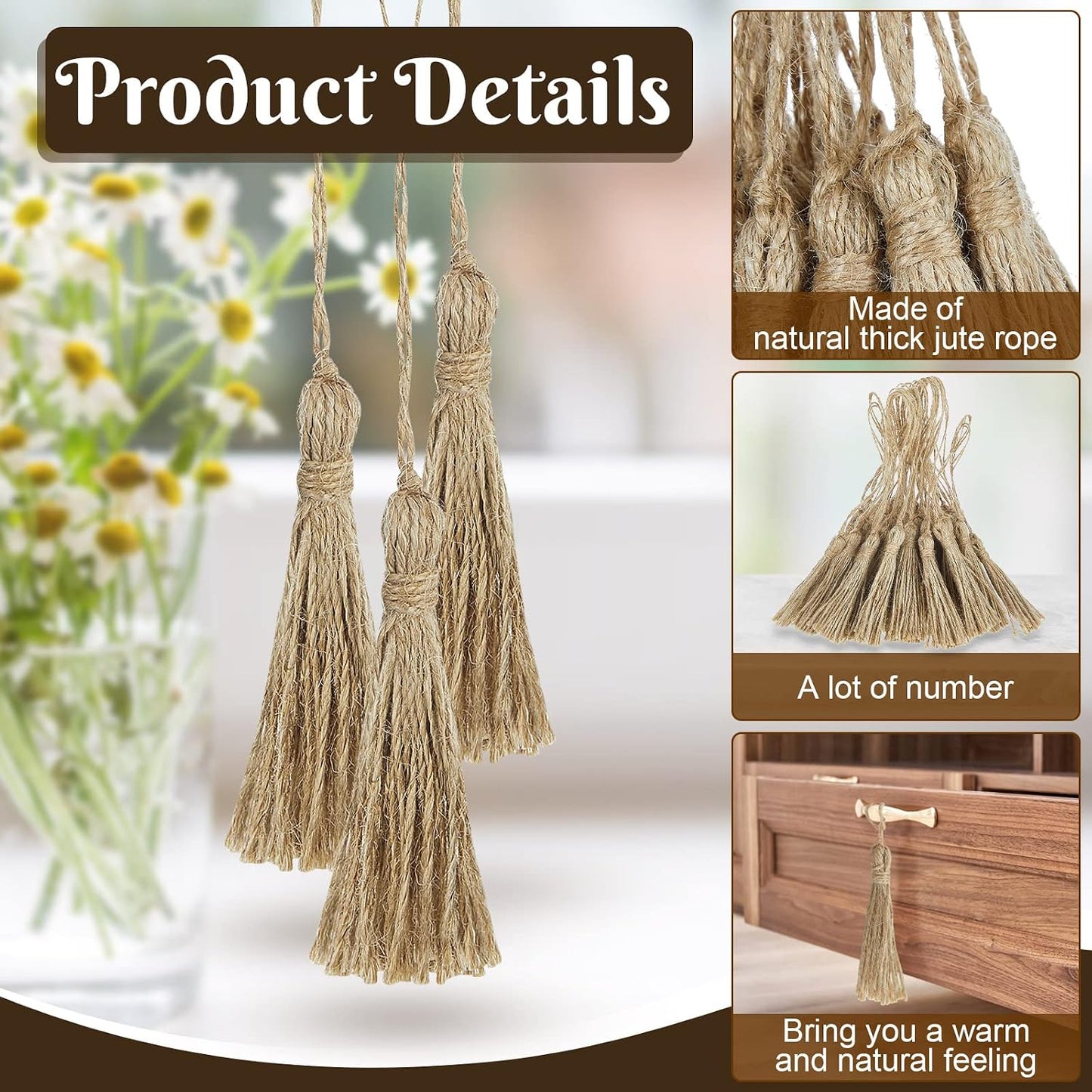 Jute Tassels for Crafts Small Tassels Bulk for Jute Rope DIY Wood Beads / Natural / Set of 40